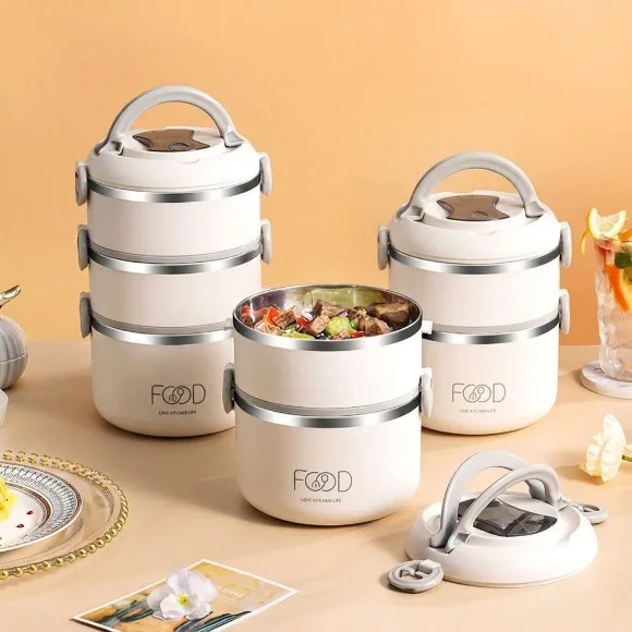 2 Layer Stainless Steel Lunch Box With Spoon Portable Japanese Style