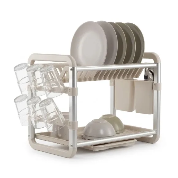 2 Tier Aluminium Rust-Proof Dish Drying Rack with Drainer Board with Utensils and Cup Holder