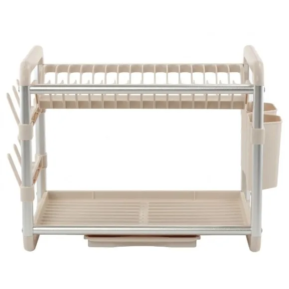2 Tier Aluminium Rust-Proof Dish Drying Rack with Drainer Board with Utensils and Cup Holder