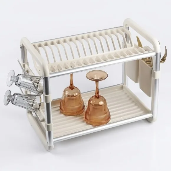 2 Tier Aluminium Rust-Proof Dish Drying Rack with Drainer Board with Utensils and Cup Holder