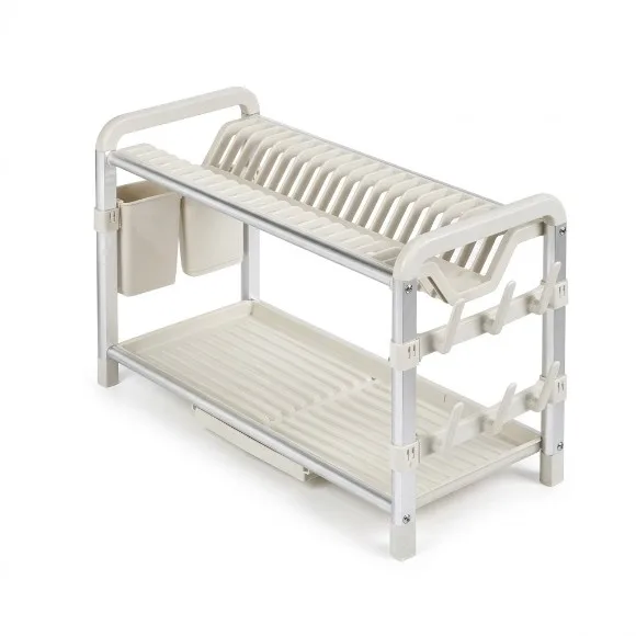 2 Tier Aluminium Rust-Proof Dish Drying Rack with Drainer Board with Utensils and Cup Holder