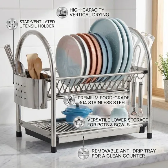 2 Tier Dish Drying Rack for Kitchen High Quality Stainless Steel Kitchen Organizer
