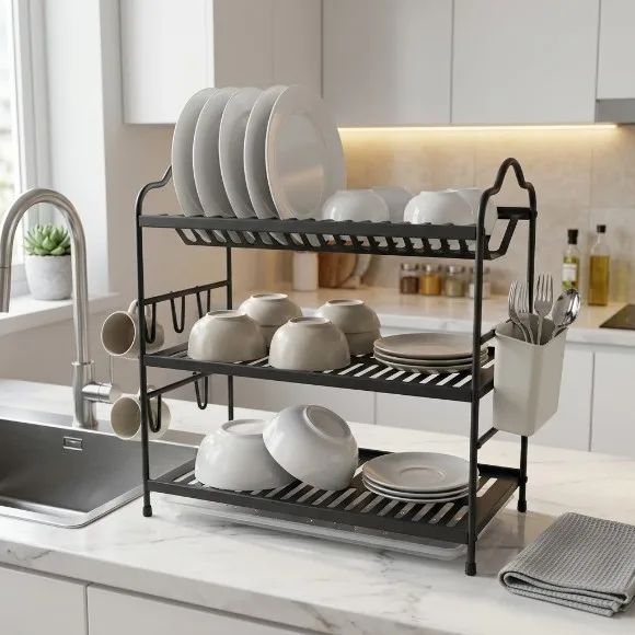 2 Tier Dish Rack Aluminium Sink Dish Drying Rack With Drainboard