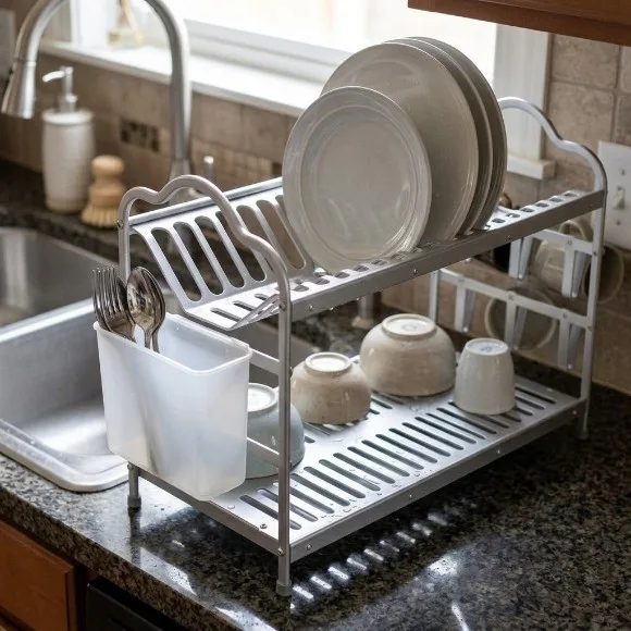 2 Tier Dish Rack Aluminium Sink Dish Drying Rack With Drainboard