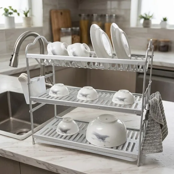 2 Tier Dish Rack Aluminium Sink Dish Drying Rack With Drainboard