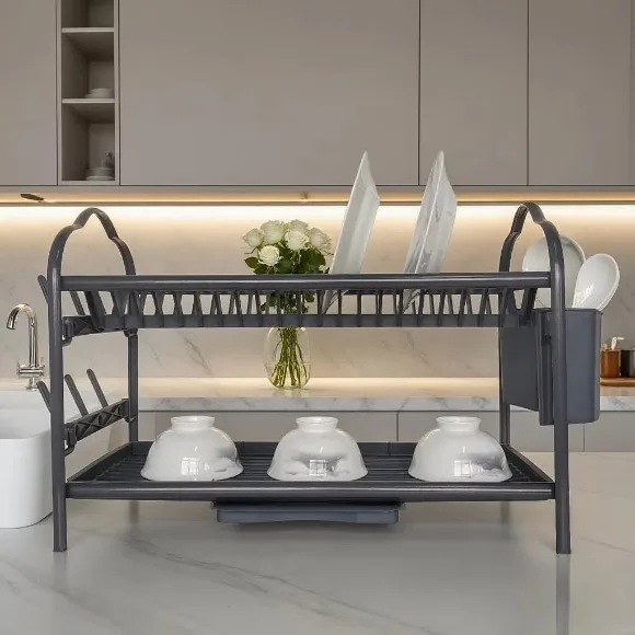 2 Tier Dish Rack Aluminium Sink Dish Drying Rack With Drainboard