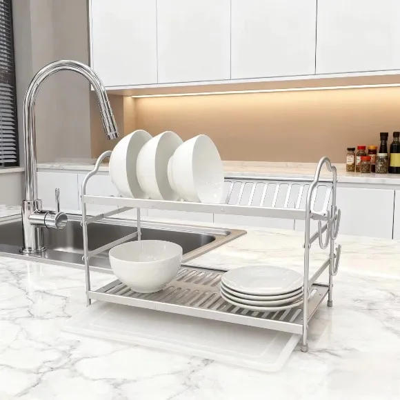 2 Tier Dish Rack Aluminium Sink Dish Drying Rack With Drainboard