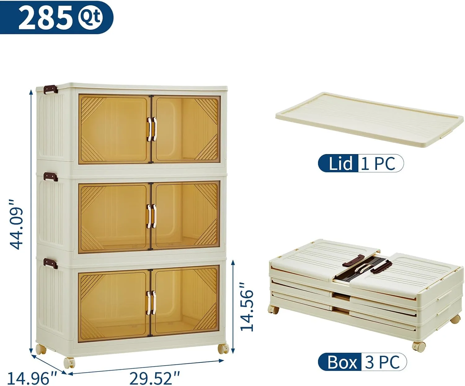 Stackable Collapsible Storage Drawer Magnetic Doors Lockable Wheels Organizer for Closet Bedroom Office 3 Layer