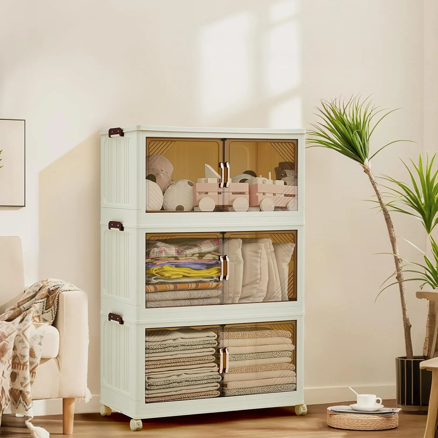 Stackable Collapsible Storage Drawer Magnetic Doors Lockable Wheels Organizer for Closet Bedroom Office 3 Layer