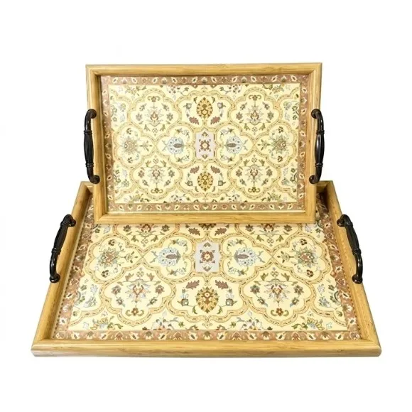 Vintage Persian-Style Wooden Serving Tray Set (2-Piece) with Metal Handles