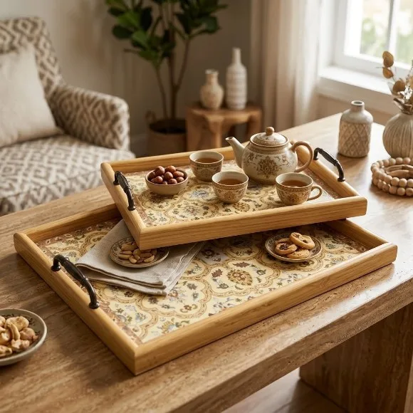 Vintage Persian-Style Wooden Serving Tray Set (2-Piece) with Metal Handles
