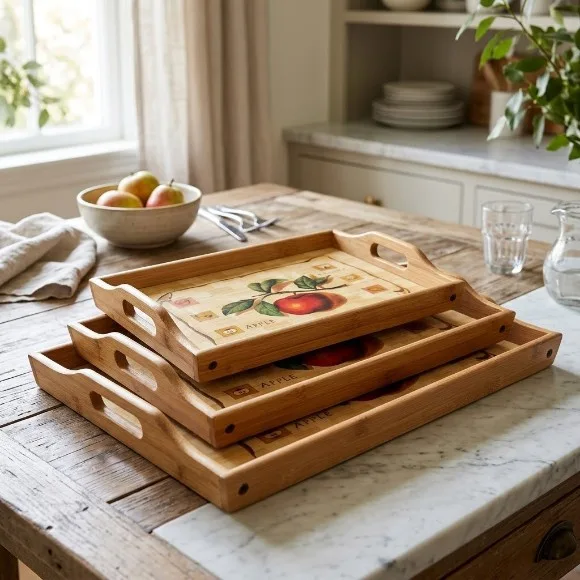 3 Piece Bamboo Serving Tray Set (Rustic Apple)