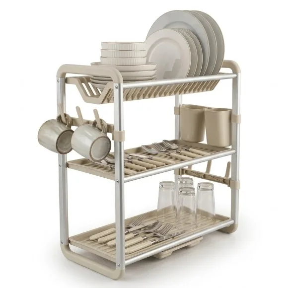 3 Tier Aluminium Drying Rack with Drainer Board with Utensils & Cup Holder