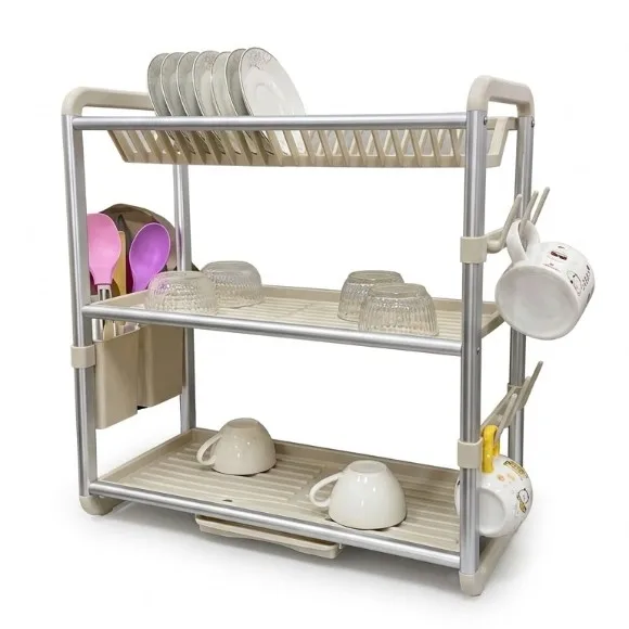 3 Tier Aluminium Drying Rack with Drainer Board with Utensils & Cup Holder