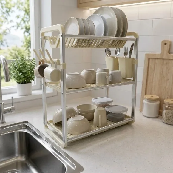 3 Tier Aluminium Drying Rack with Drainer Board with Utensils & Cup Holder