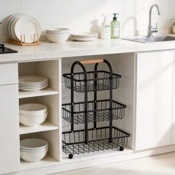 3-Tier Kitchen Utility Racks Multifunctional Countertop Storage Basket Metal Wire Storage Basket with Wood Lift Handle