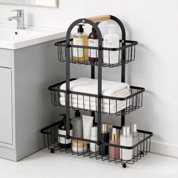 3-Tier Kitchen Utility Racks Multifunctional Countertop Storage Basket Metal Wire Storage Basket with Wood Lift Handle