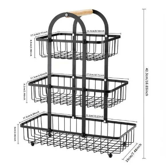 3-Tier Kitchen Utility Racks Multifunctional Countertop Storage Basket Metal Wire Storage Basket with Wood Lift Handle