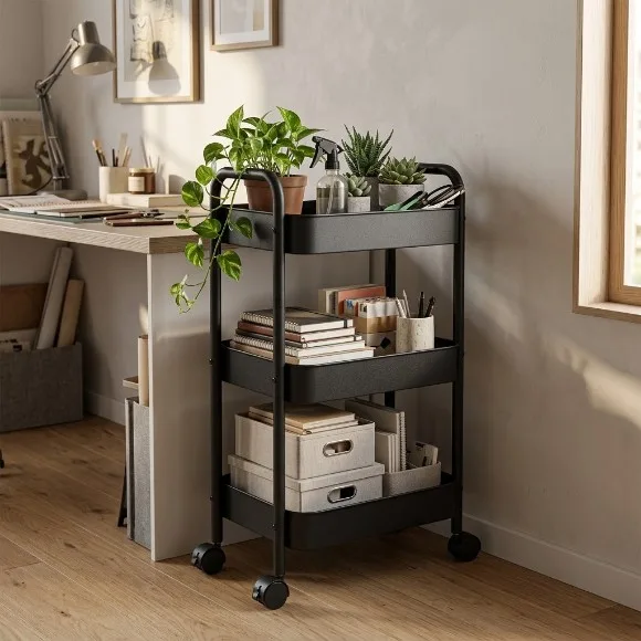 3-Tier Metal Cart Lockable Wheels Salon Trolley Heavy-Duty Frame