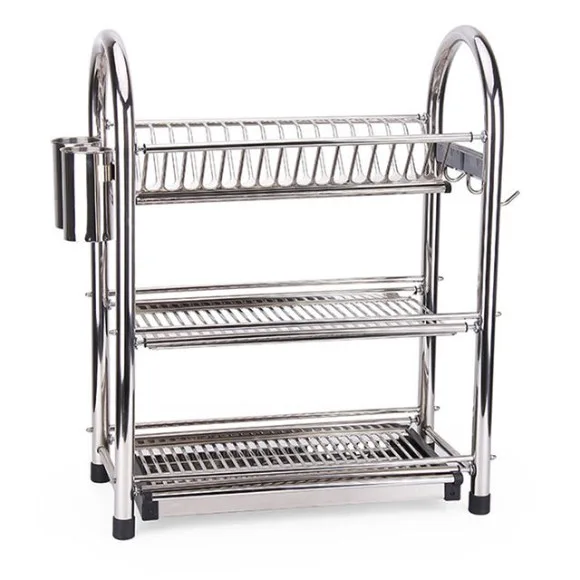 Stainless Steel 3 Layer Dish Rack with Drip Tray and Utensil Bowl Holder