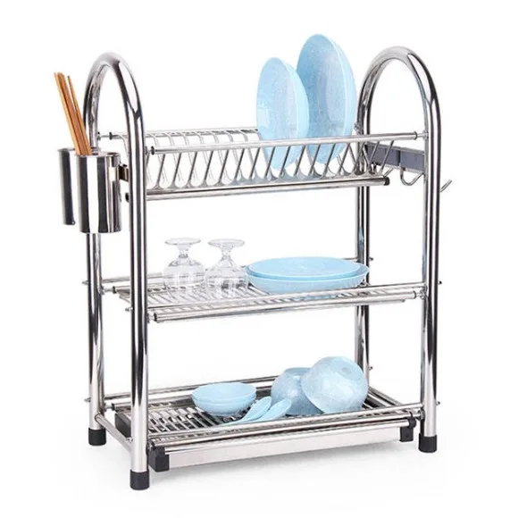 Stainless Steel 3 Layer Dish Rack with Drip Tray and Utensil Bowl Holder