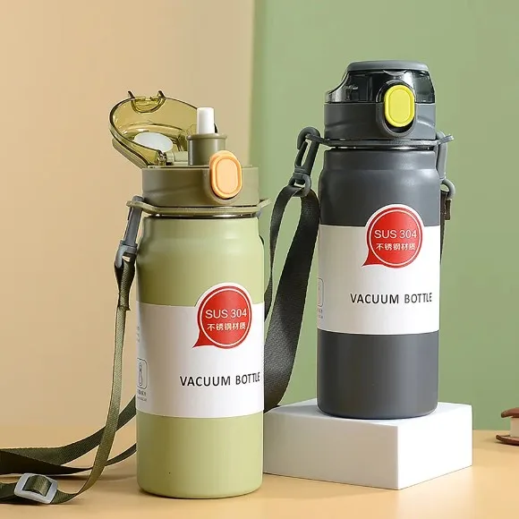 304 Sport Vacuum Flask With Straw Portable Thermos Mug With Strap 600ML