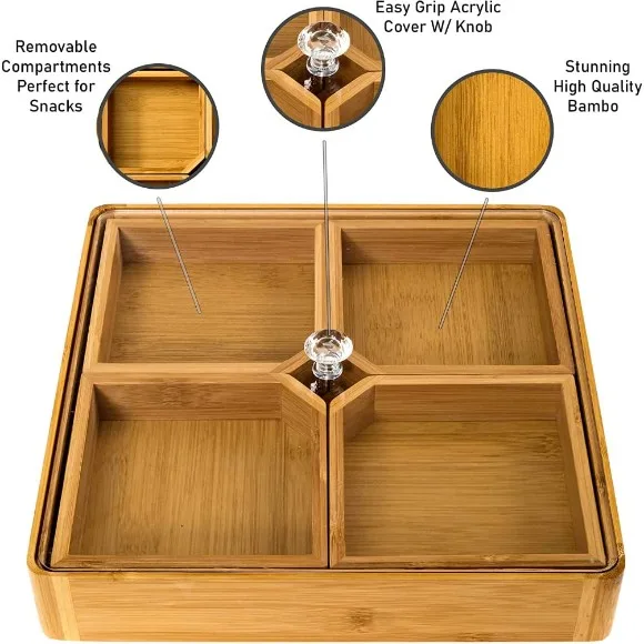 4 Compartments Bamboo Wooden Divided Serving Tray with Lid