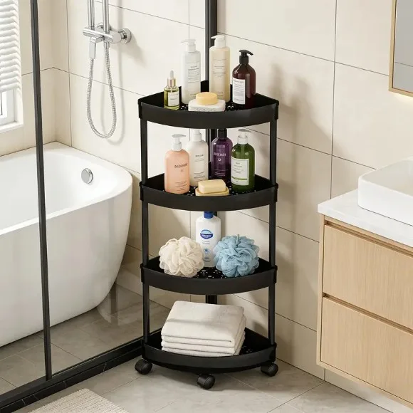 4-Layer Multipurpose Plastic Corner Rack Metal Pipe Floor Corner Shelf Basket
