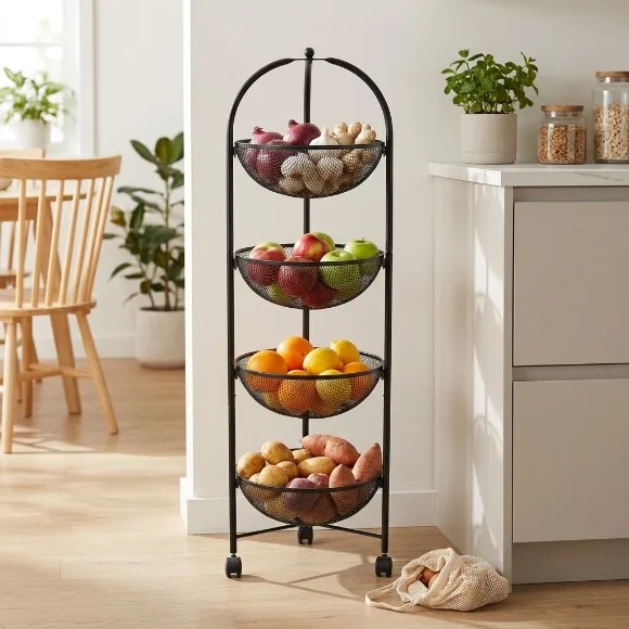 3 & 4-Tier Metal Mesh Rack with Wheels Black