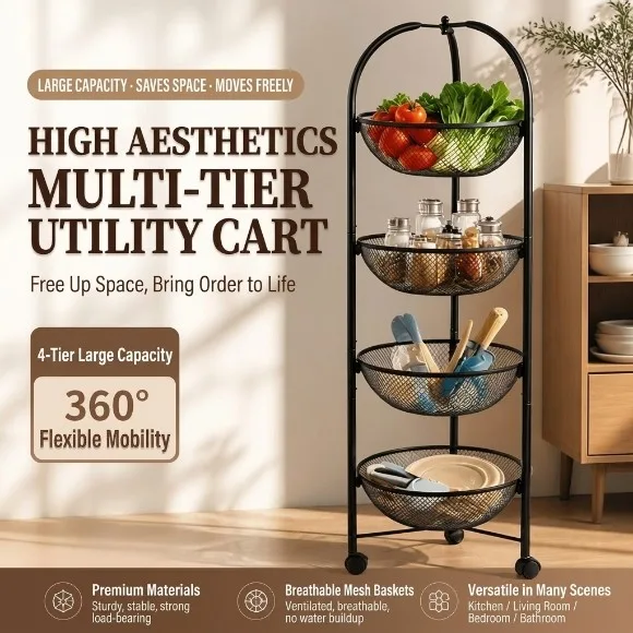 3 & 4-Tier Metal Mesh Rack with Wheels Black