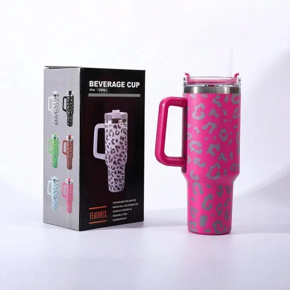 40oz Stainless Steel Insulated Tumbler With Handle  Leopard Print