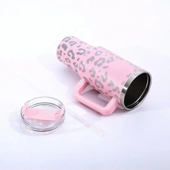 40oz Stainless Steel Insulated Tumbler With Handle  Leopard Print