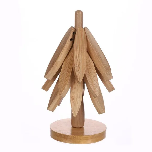 4pcs Set Tree Shape Natural Wooden Tree Coaster Folding Heat Resistant Wood Trivets Dishes Mats