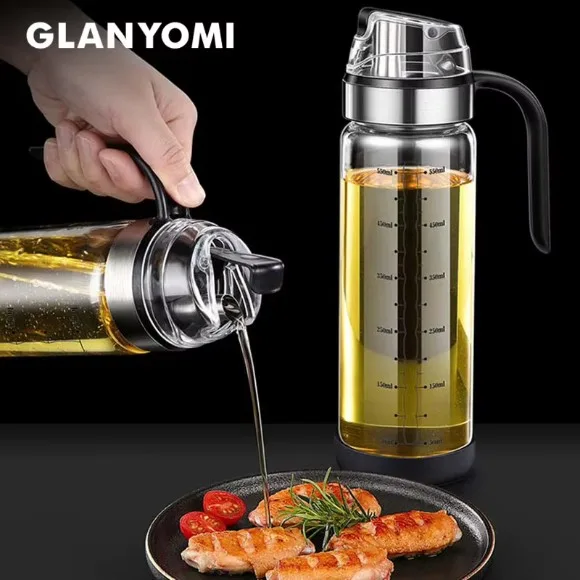 550ML Olive Oil Dispenser Bottle with Rubber Base - Glass Oil & Vinegar Cruet with No-drip Pourers, Easy Refill and Cleaning