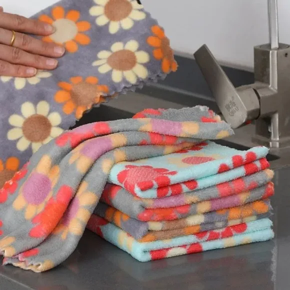 5Pcs Kitchen Cleaning Cloths Soft Absorbent Dishcloth Coral Fleece Sunflower Wiping Towel Rags Household Cleaning Cloth
