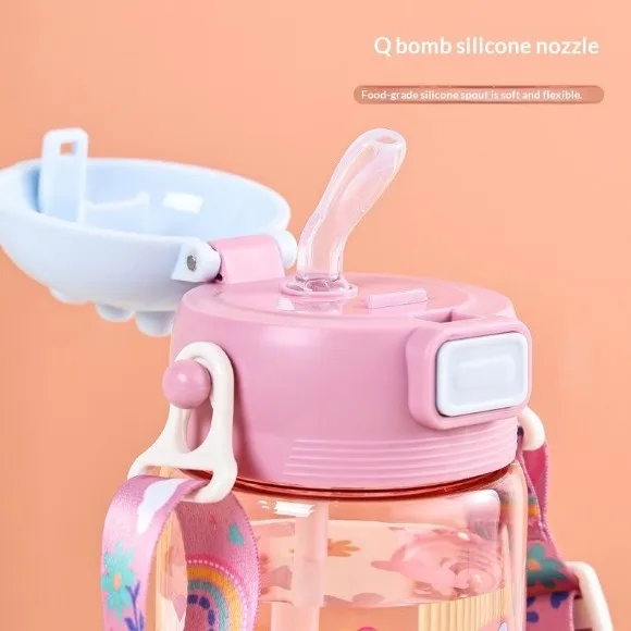 600ml Children's Straw Cup Cute Cartoon Summer Portable Strap Student Water Bottle Plastic thumbnail 3