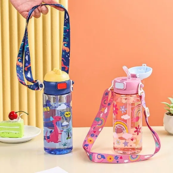 600ml Children's Straw Cup Cute Cartoon Summer Portable Strap Student Water Bottle Plastic thumbnail 2