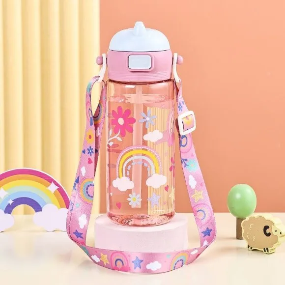 600ml Children's Straw Cup Cute Cartoon Summer Portable Strap Student Water Bottle Plastic thumbnail 6