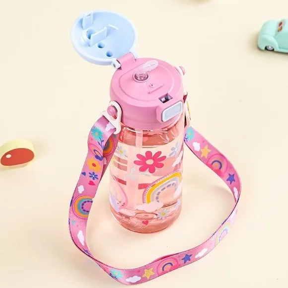 600ml Children's Straw Cup Cute Cartoon Summer Portable Strap Student Water Bottle Plastic thumbnail 4