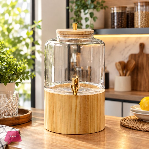 6L Glass Dispenser with Wooden Lid and Stand Premium Beverage Server for Parties and Home Bars thumbnail 9