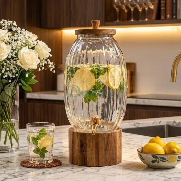 6L Glass Dispenser with Wooden Lid and Stand Premium Beverage Server for Parties and Home Bars thumbnail 7
