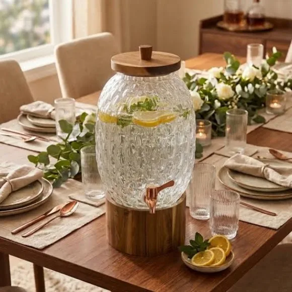 6L Glass Dispenser with Wooden Lid and Stand Premium Beverage Server for Parties and Home Bars thumbnail 6