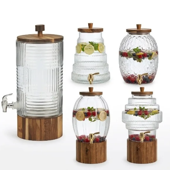 6L Glass Dispenser with Wooden Lid and Stand Premium Beverage Server for Parties and Home Bars