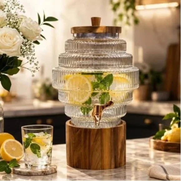 6L Glass Dispenser with Wooden Lid and Stand Premium Beverage Server for Parties and Home Bars thumbnail 8