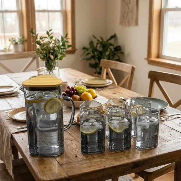 7-Piece Nordic Hexagonal Glass Water Jug & Tumbler Set with Wooden Lid (1 Pitcher + 6 Glasses)