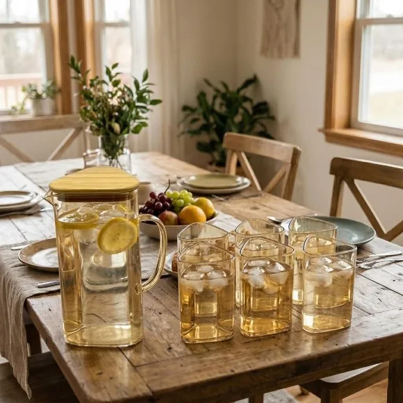 7-Piece Nordic Hexagonal Glass Water Jug & Tumbler Set with Wooden Lid (1 Pitcher + 6 Glasses)