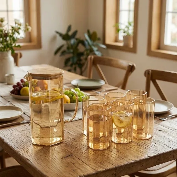7-Piece Nordic Hexagonal Glass Water Jug & Tumbler Set with Wooden Lid (1 Pitcher + 6 Glasses)
