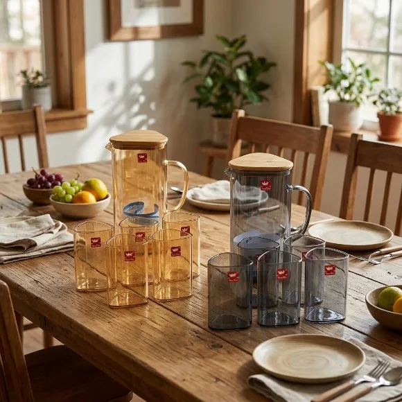 7-Piece Nordic Hexagonal Glass Water Jug & Tumbler Set with Wooden Lid (1 Pitcher + 6 Glasses)