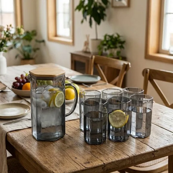 7-Piece Nordic Hexagonal Glass Water Jug & Tumbler Set with Wooden Lid (1 Pitcher + 6 Glasses)