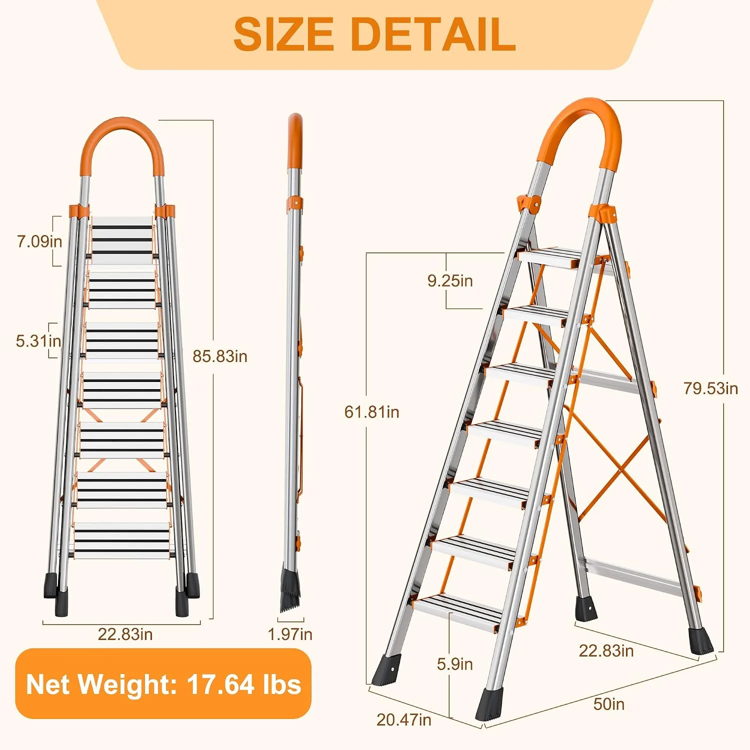 7 Step Foldable Ladder Stainless Steel